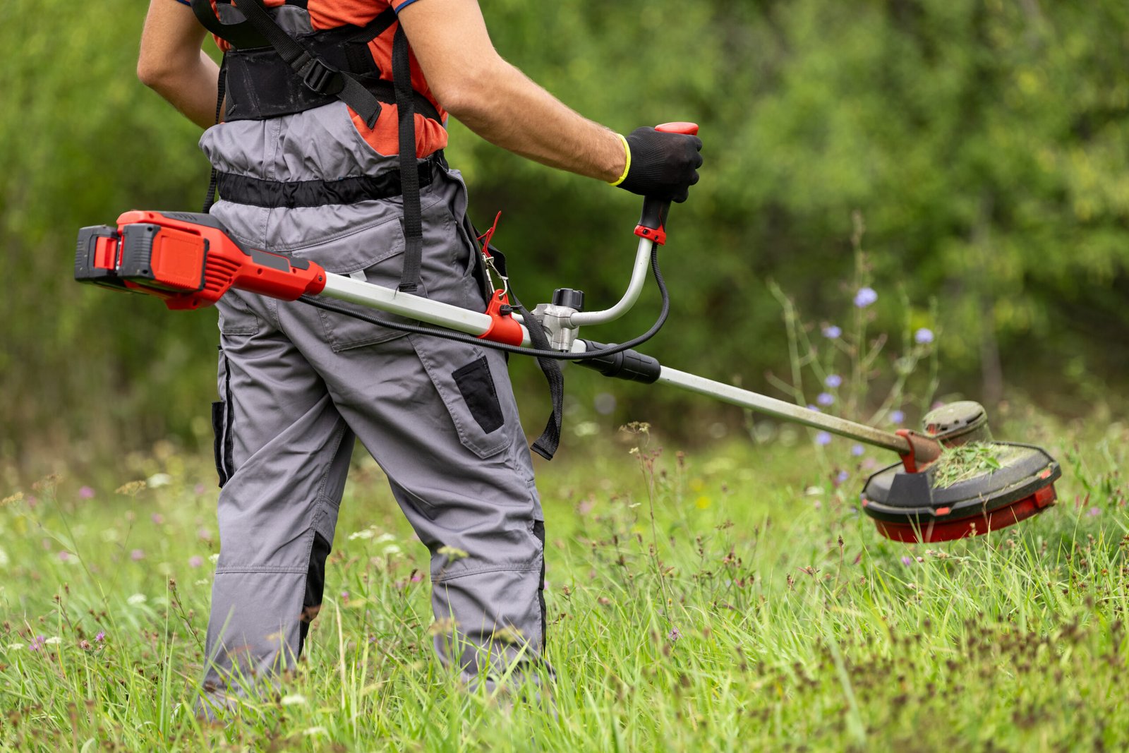 Rear view of professional gardener cutting grass with weed trimmer.